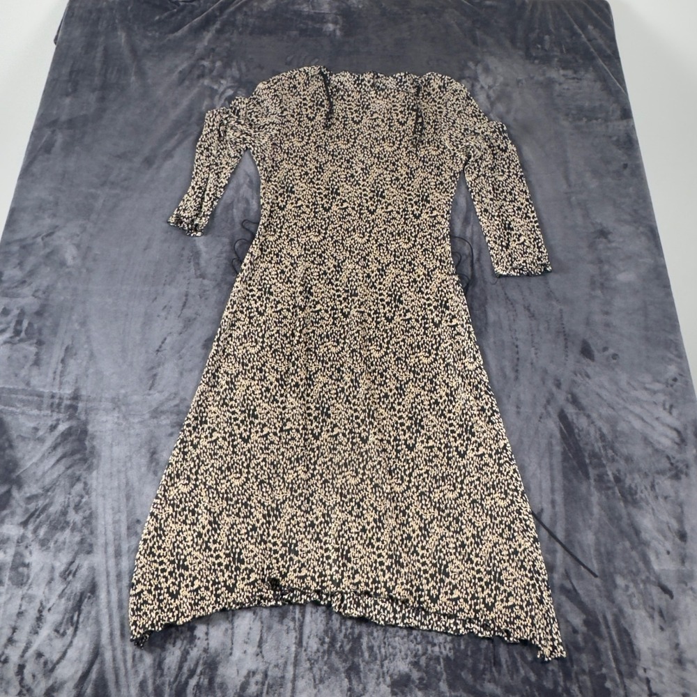 Connected Apparel Midi Dress Womens 10 Black Tan Leaf Print Pleated Asymmetrical